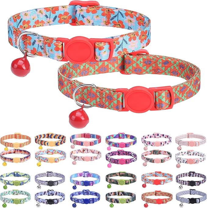 DILLYBUD Cat Collar Breakaway with Bells, Soft Cotton Pink Cat Bowtie Collar for Girl Cats, Small Cats Collar with Bow for Spring Summer, 2 Pack Cute Kitten Collars with Removable Bowtie 8-12Inch