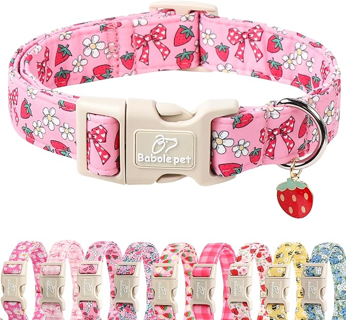 Babole Pet Strawberry Bow Dog Collar for Puppy Small Dogs - Cute Pink Spring/Summer Girl Dog Collars, Lightweight Adjustable Female Girly Dogs Collars with Quick Release Buckle XS