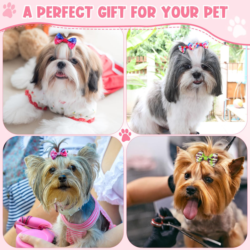 Shinylin 60 Pcs Cute Puppy Dog Hair Bows Small Bowknot Hair Bows with Rubber Bands Handmade Knot Accessories Pet Grooming Products for Holiday Birthday Gift(Tie Dye)