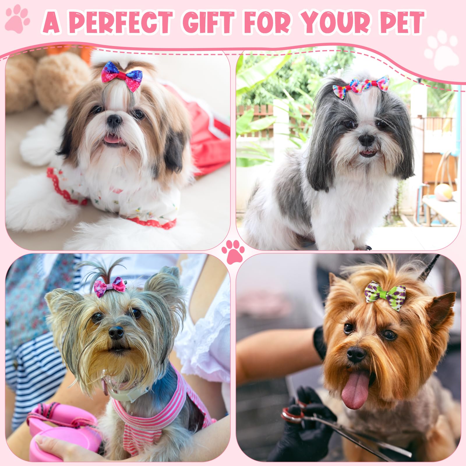 Shinylin 60 Pcs Cute Puppy Dog Hair Bows Small Bowknot Hair Bows with Rubber Bands Handmade Knot Accessories Pet Grooming Products for Holiday Birthday Gift(Tie Dye)