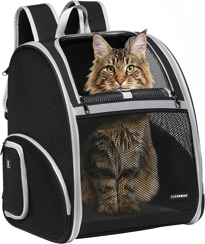 FERMAO Pet Backpack Carrier ，Large Cat Carrier Backpack Up to 20 Lbs with Breathable Mesh, for Medium Large Cats or Small Dogs, Travel Hiking Camping Backpack (Gray-XL)