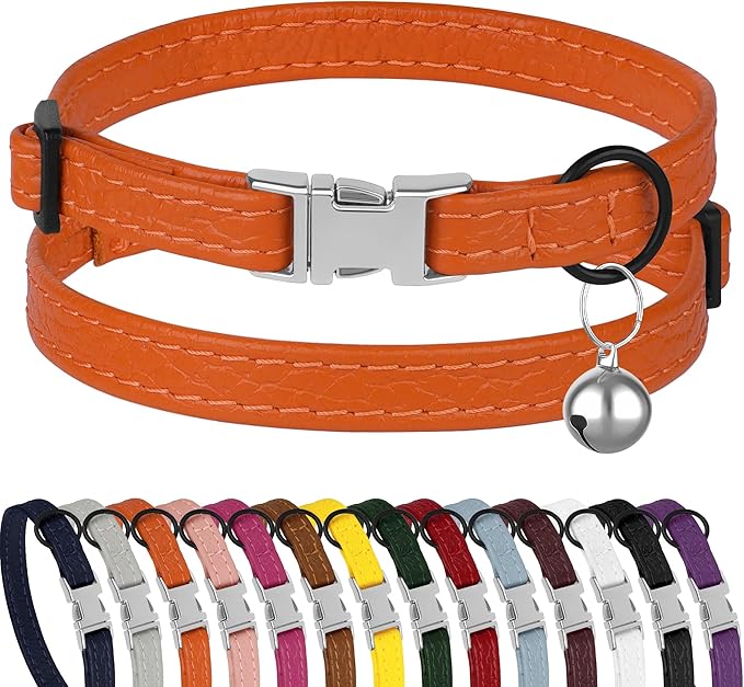 Leather Cat Collar with Buckle and Removable Bell - Non Breakaway Adjustable Soft Safety Small Pet Collars for Girl Boy Cats Kitten (White)