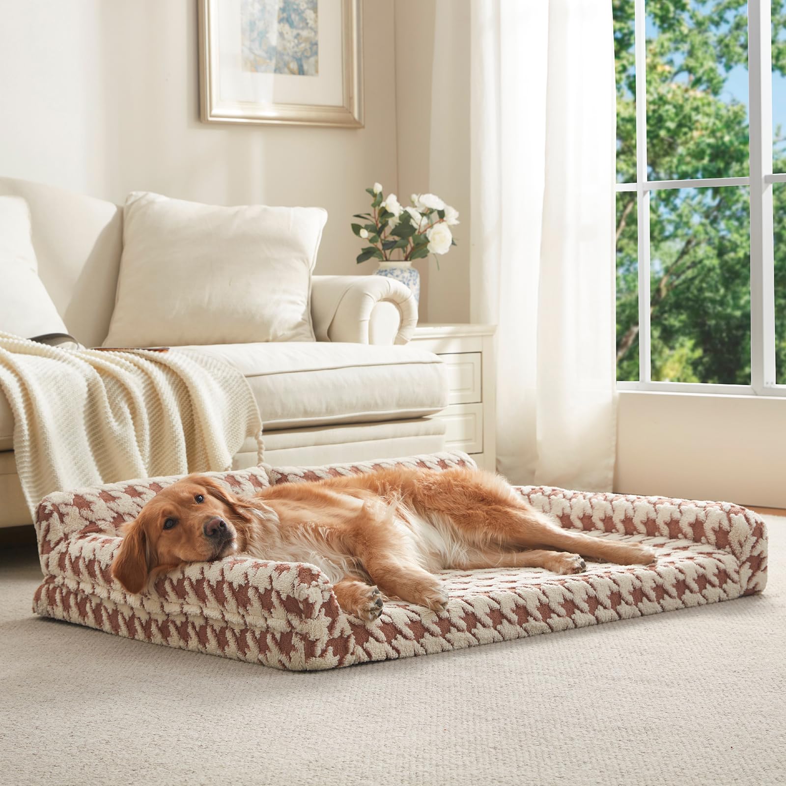 FURTIME Orthopedic Dog Bed Medium Size Dog, Medium Washable Memory Foam Pet Couch Bed with Removable Washable Cover, Non-Slip Bottom with Bolster Sides, Brown