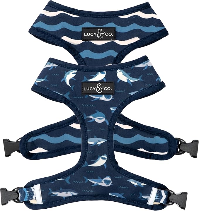 Lucy & Co. Reversible Dog Harness Walking Halter - Harnesses for Small Medium Large XL Dogs - Padded Adjustable - for German Shepherd, Pug, French Bulldog, English Bulldog (X-Small, Shark Attack)