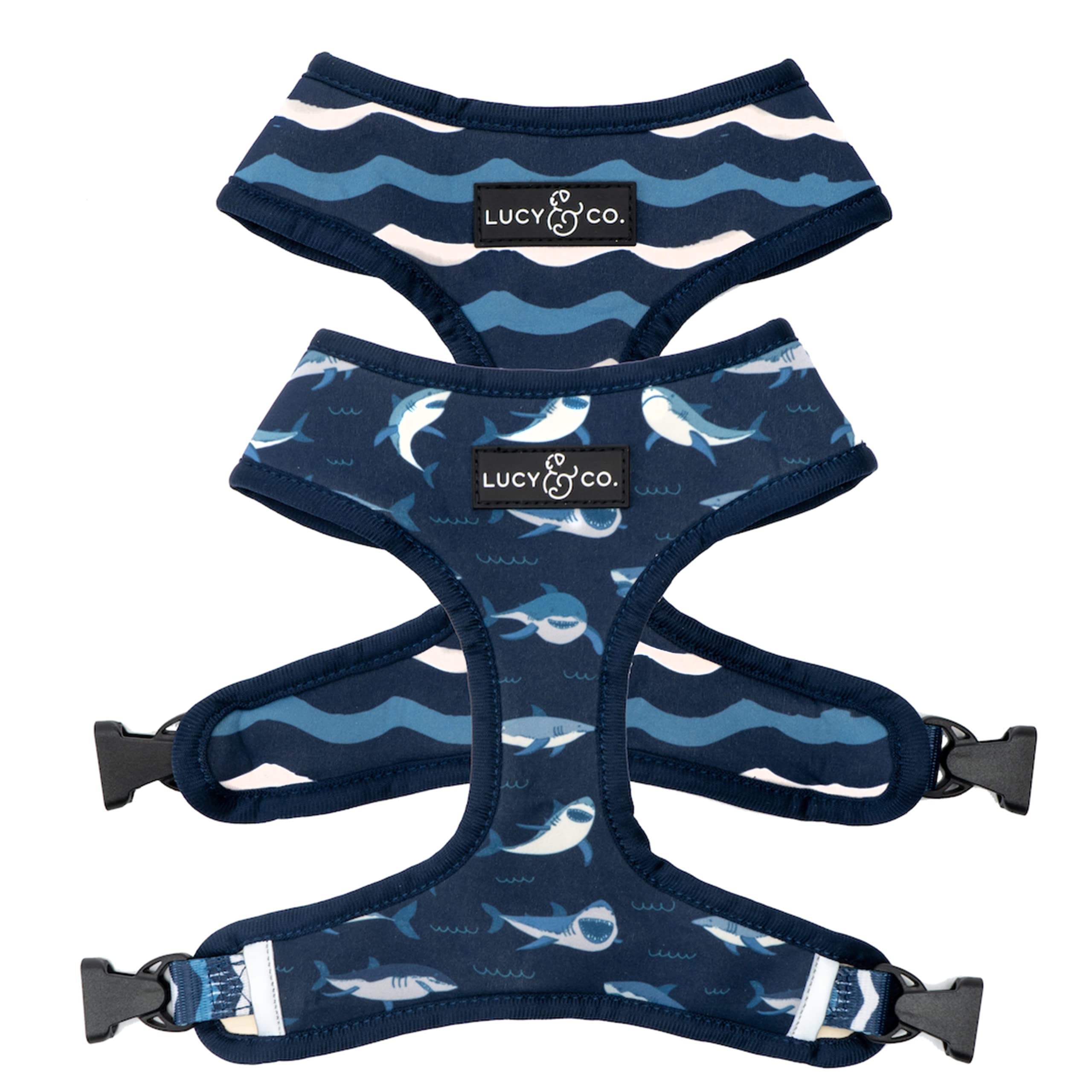 Lucy & Co. Reversible Dog Harness - Water-Repellent Neoprene, Dual-Print Design, Easy Swap Style, Adjustable Comfort Fit - Shark Attack Reversible Harness - X-Small
