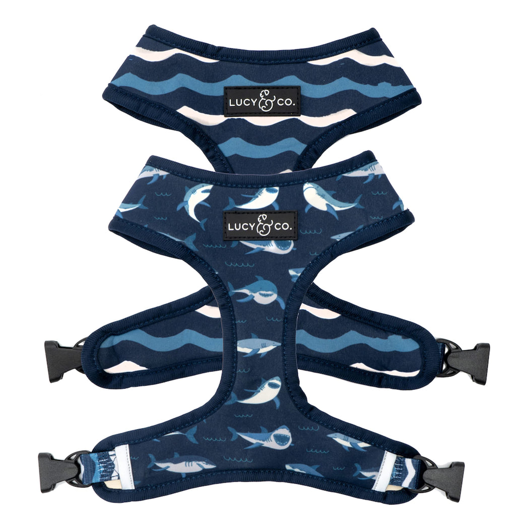 Lucy & Co. Reversible Dog Harness - Water-Repellent Neoprene, Dual-Print Design, Easy Swap Style, Adjustable Comfort Fit - Shark Attack Reversible Harness - Large