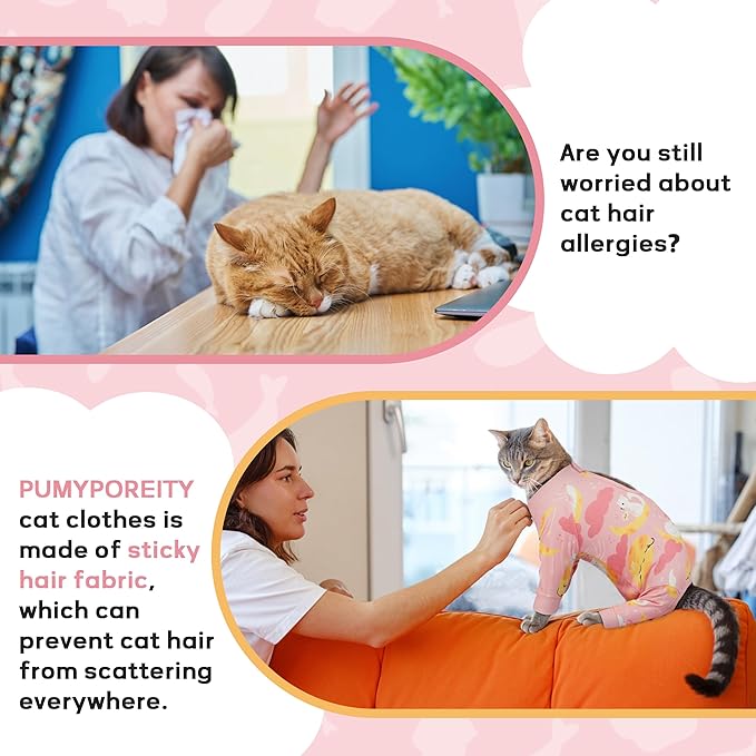 PUMYPOREITY Cat Hair Sticky Sweater, Stretchy 4-Leg Design for Fur Control, Recovery Suit - Breathable & Lightweight for Post-Surgery Protection, Cat Onsie Prevents Licking Wounds, Pink, 2XL