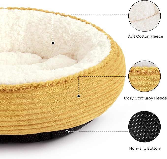 Love's cabin Round Donut Cat and Dog Cushion Bed, 24in Pet Bed for Small or Medium Dogs, Anti-Slip & Water-Resistant Bottom, Soft Durable Fabric Pet Beds, Washable Calming Cat Bed Yellow