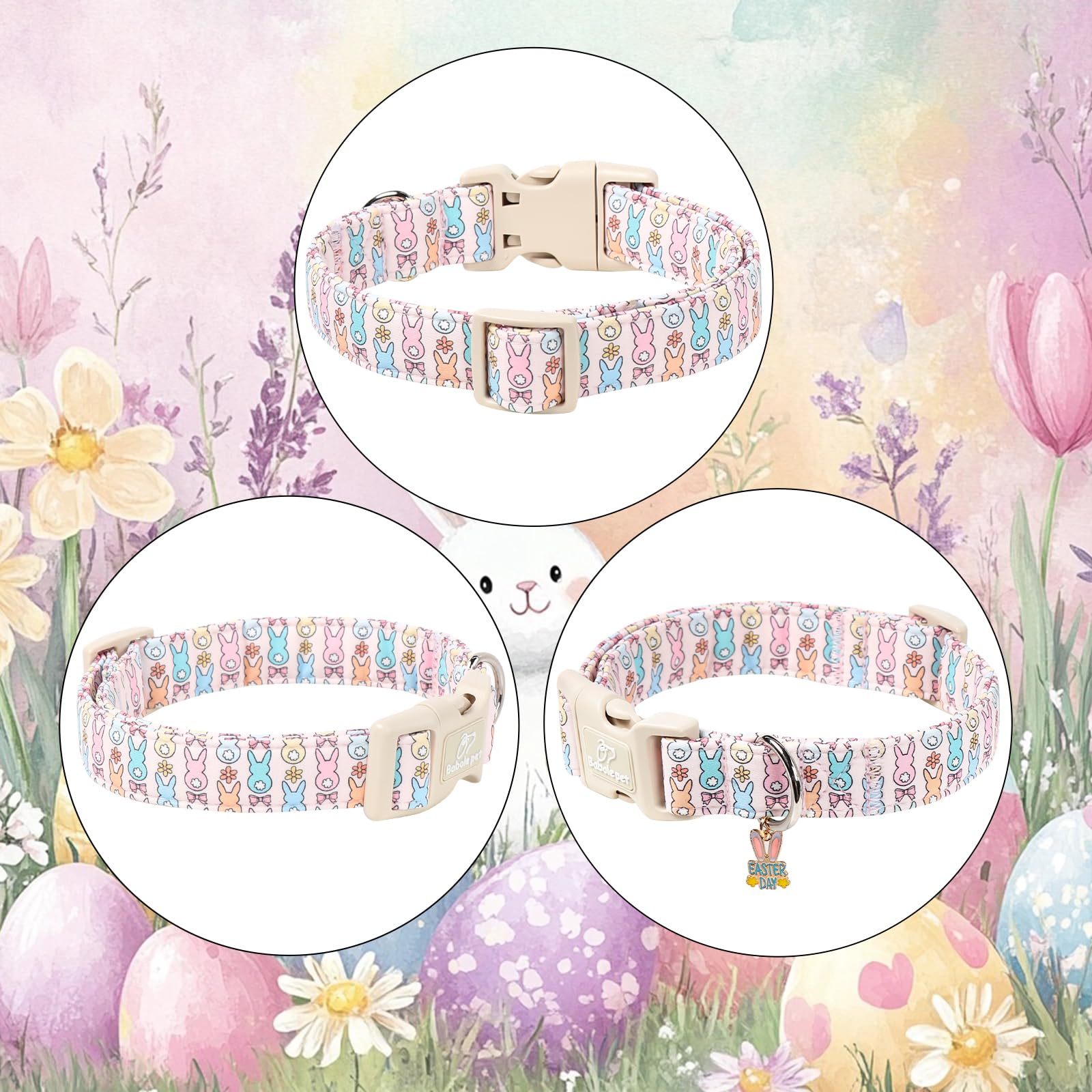 Babole Pet Easter Dog Collar for Small Dogs - Pastel Bunny Easter Collars for Female Dogs, Cute Spring Girl Dog Collar, Lightweight Adjustable Cartoon Holiday Pet Collars S