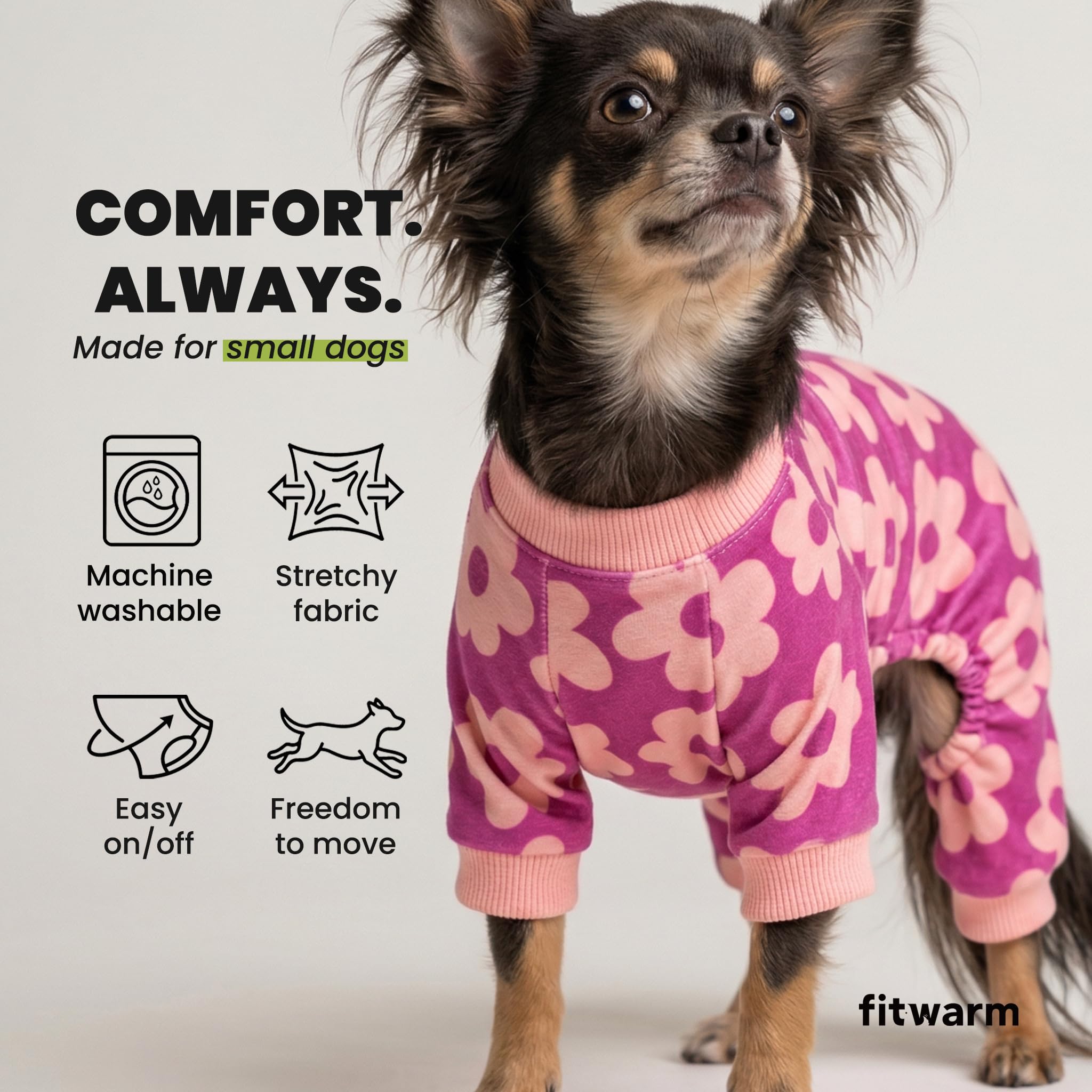 Fitwarm Flower Fleece Dog Pajamas, Warm Winter Dog Clothes for Small Dogs Girl, Cozy Pet Onesie with Feet, Pink, Medium