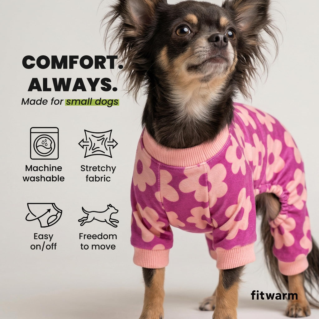 Fitwarm Flower Fleece Dog Pajamas, Warm Winter Dog Clothes for Small Dogs Girl, Cozy Pet Onesie with Feet, Pink, Small