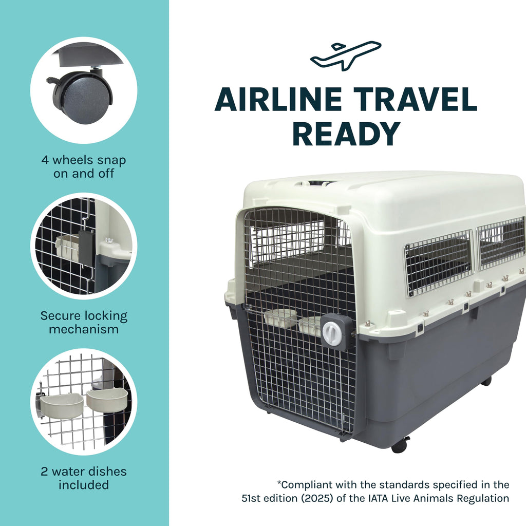 SportPet Airline Compliant XXX-LARGE 48" Travel Dog Kennel-Durable Plastic Airline Pet Carrier w/Removable Wheels & Food Bowls, Collapsible Indoor/Outdoor Dog Kennel, Dogs up to 44"L & 33"H-Cream/Gray