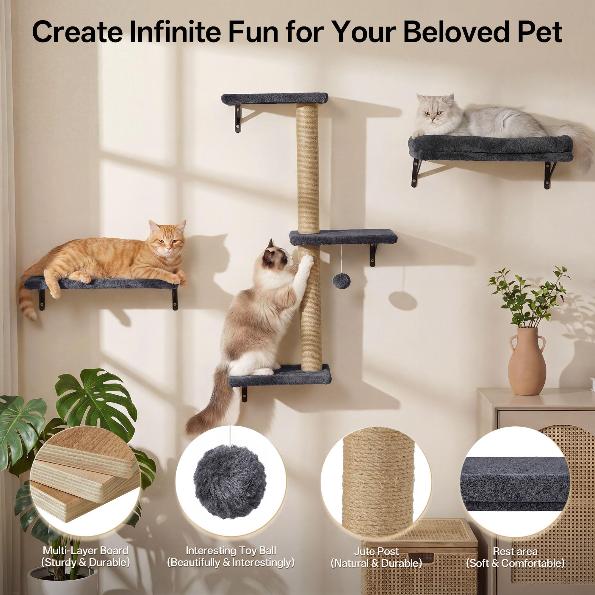 MEWANG 5-in-1 Cat Wall Shelves: Cat Climbing Furniture with Wall Mounted Perch & Lounge for Indoor Cats, Space-Saving Wall Pet Shelves for Play & Rest - Grey