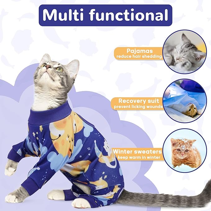 PUMYPOREITY Cat Recovery Suit, Stops Wound Licking After Surgery, Sticky Hair Shirt with Sticky Fabric, Cat Pajamas Prevents Over-Grooming, Kitten Onesie - Soft & Machine Washable, Blue, XS