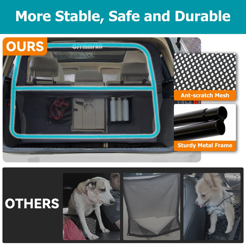 Dog Barrier for Car Back Seat & Cargo Area with Wider Coverage, Universal Fit for Cars, SUVs & Sedans, Dog Car Gate Divider with Chew-Proof Transparent Net and Sturdy Metal Frame for Backseat & Trunk