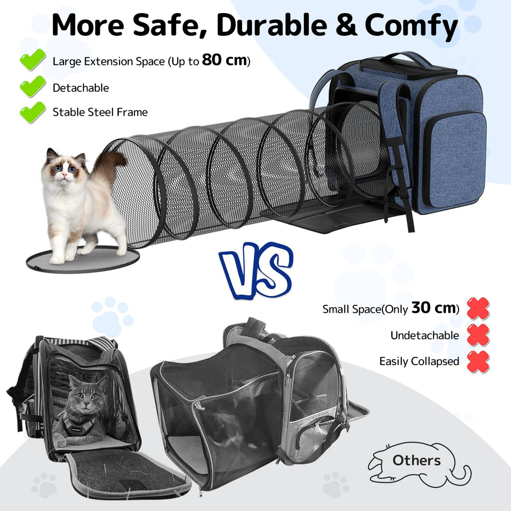 Pawtners Cat Backpack with Play Tunnel, Design for Carrying Playing Blue