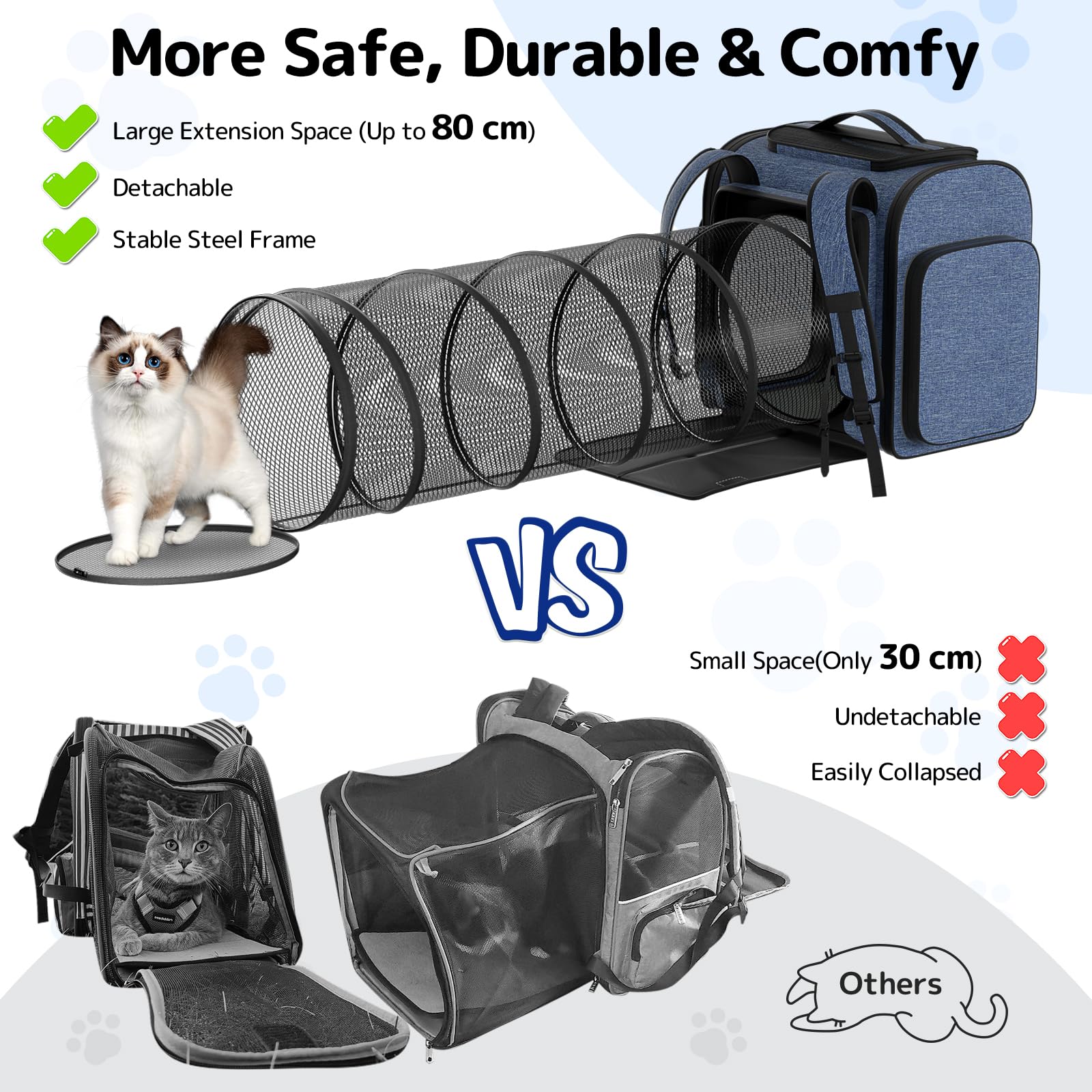 Pawtners Cat Backpack with Play Tunnel, Design for Carrying Playing Blue