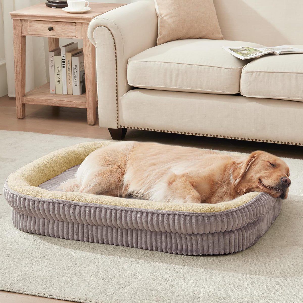 DEBANG HOME Orthopedic Dog Bed for Medium, Large Dogs Breeds, High Density Egg Crate Foam Dog Sofa Beds with Four Sided Bolster,Oval Kennel Bed, Pet Couch Bed,Removable Washable Cover& Non-Slip Bottom