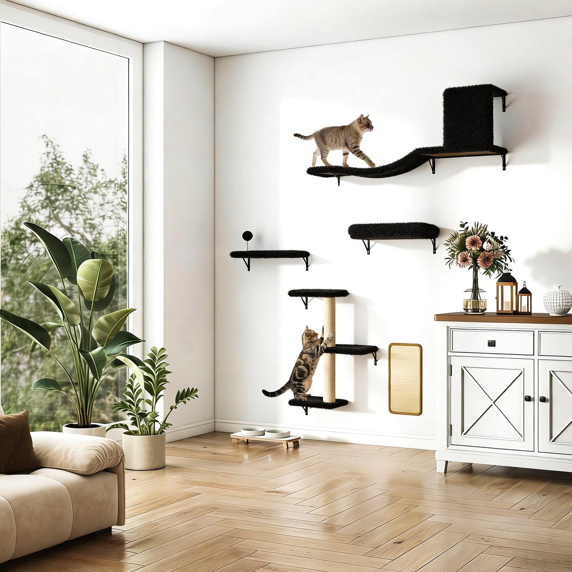 COZIWOW 5Pcs Wall Mount Cat Tree & Shelf Furniture for Large Cats, Black