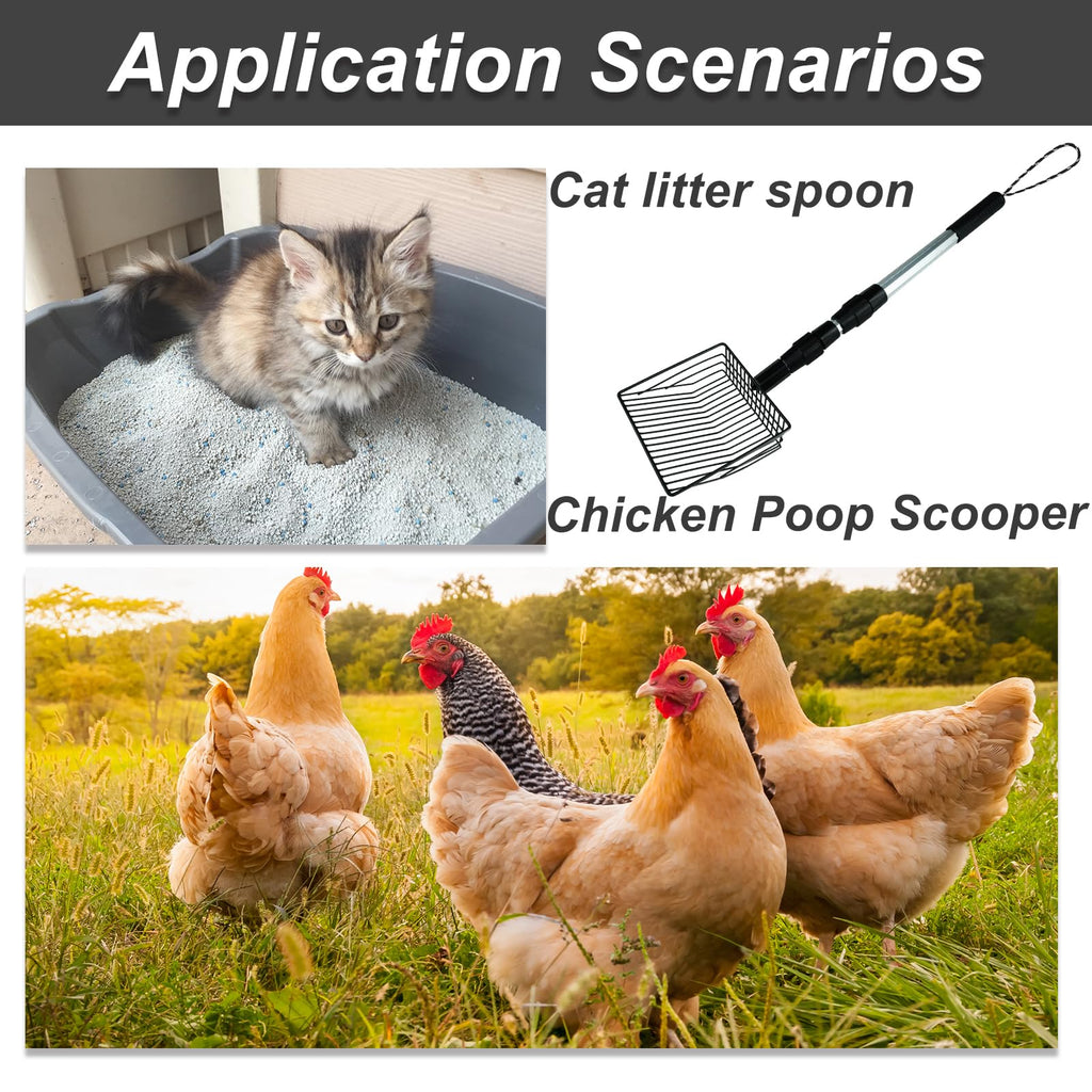 Chicken Poop Scooper 3 in 1 Adjustable Long Handle Litter Metal Scoop Heavy Duty Metal Chicken Poop Scooper Litter Sieving Shovel, Chicken Coop Accessories (22-41.7")