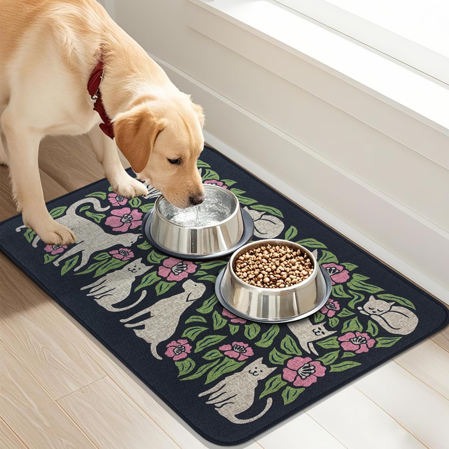 SHIYUE Dog Food Mats for Floors, Absorbent Cat Bowl for Food and Water, Non-Slip Accessories Pet Supplies(16"x24",Black Animal Flower)