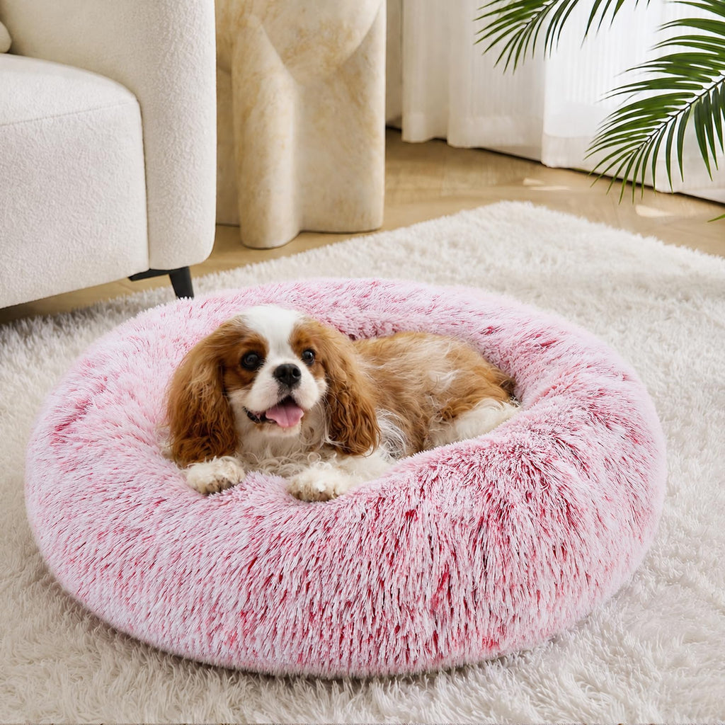 JOLLYVOGUE Calming Dog Bed for Small Dogs - 23 inches Donut Washable Small Dog Bed for Kittens & Puppies, Anti-Slip Round Fluffy Plush Faux Fur Cat Beds (Fits up to 25 lbs Pets, Purple)