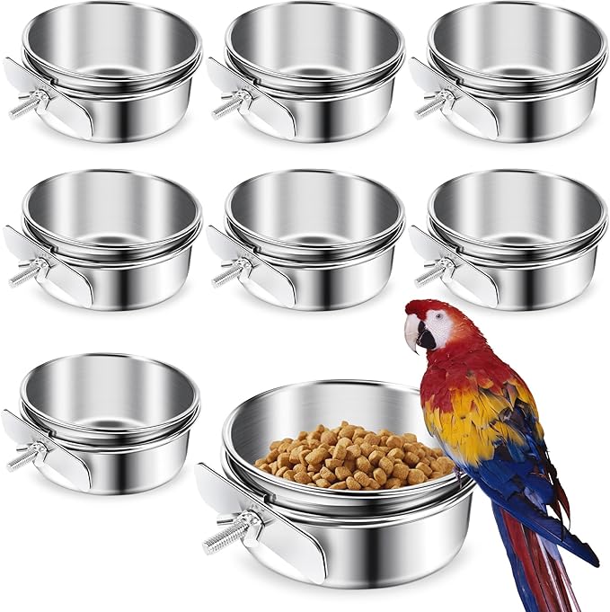 Bird Feeding Dish Cups 3 Pack Parrot Food Bowl Cage with Clamp Holder Stainless Steel Birdcage Coop Water Feeder for Cockatiel Conure Budgies Parakeet Macaw Finches Lovebirds Small Animal (S+M+L)
