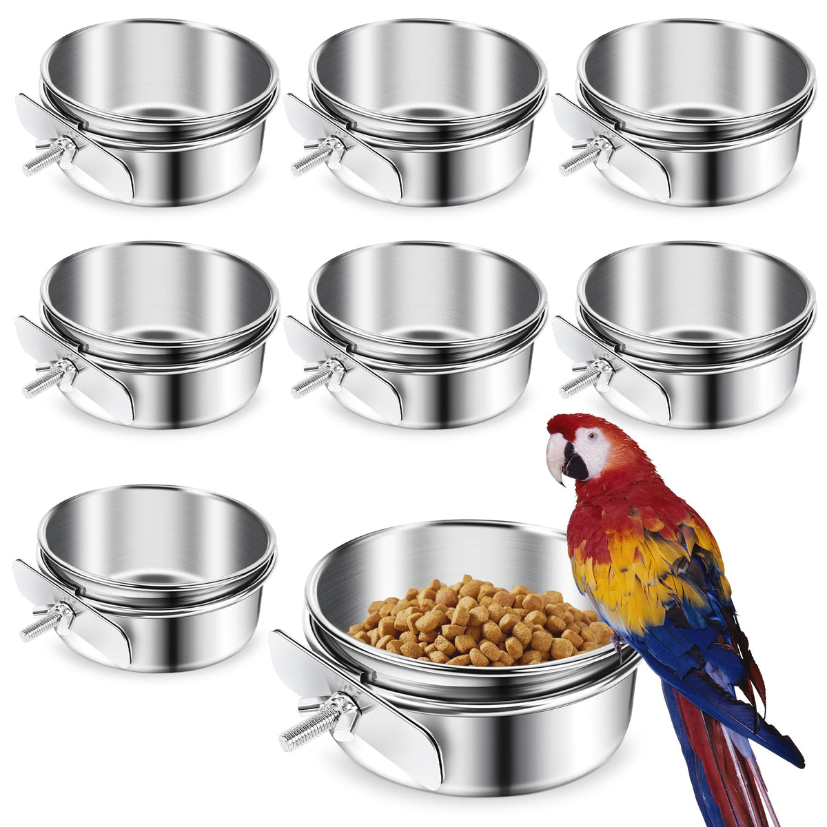 ToLanbbt 8 Pcs Stainless Steel Bird Food Bowls Bird Water Bowls with Clamp Holder, Parrot Feeding Dish Cups Parrot Cage Coop Feeders for Cockatiel Conure Budgie Parakeet Macaw Lovebird Small Animal, S