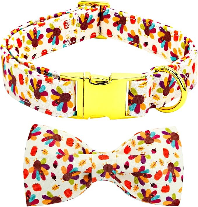 Bobo Rainbow Thanksgiving Dog Collar, Turkey Dogs Collars Bow Tie Pet Collar Adjustable Pet Collars Premium Metal Buckle Autumn Leaf Necklace for Large Dogs