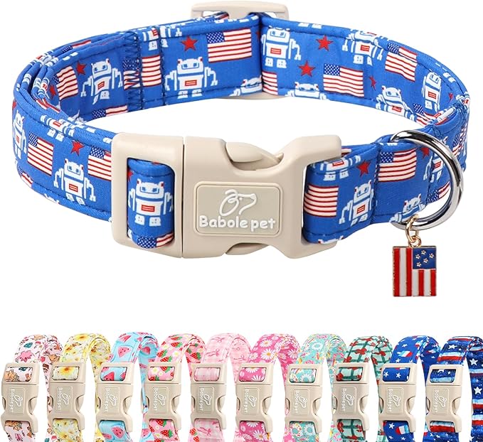 Babole Pet 4th of July Dog Collar, Robot Star-Spangled Patriotic Dog Collars for Small Dogs, Adjustable Lightweight Quick-Release Buckle Collar for Boy&Girl Dogs S