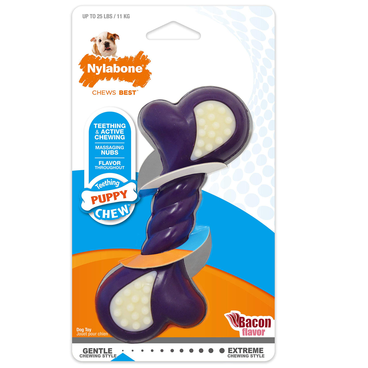 Nylabone Double Action Bone Puppy Chew Toy, Rubber Teething Toys for Puppies, Puppy Chew Bone, Bacon Flavor, Small Dogs - Up to 25 lbs., 1 Count