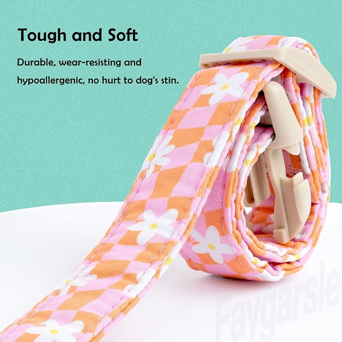 Faygarsle Floral Dog Collar, Pink and Orange Pattern with White Flowers, Spring Summer Design for Small Medium Large Dogs, L