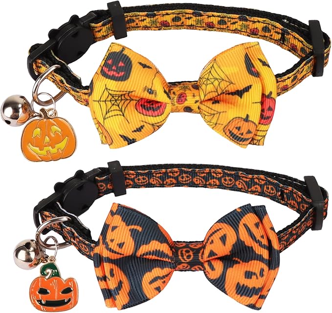 ADOGGYGO Halloween Cat Collar Breakaway, Pumpkin Cat Bow Tie Collar