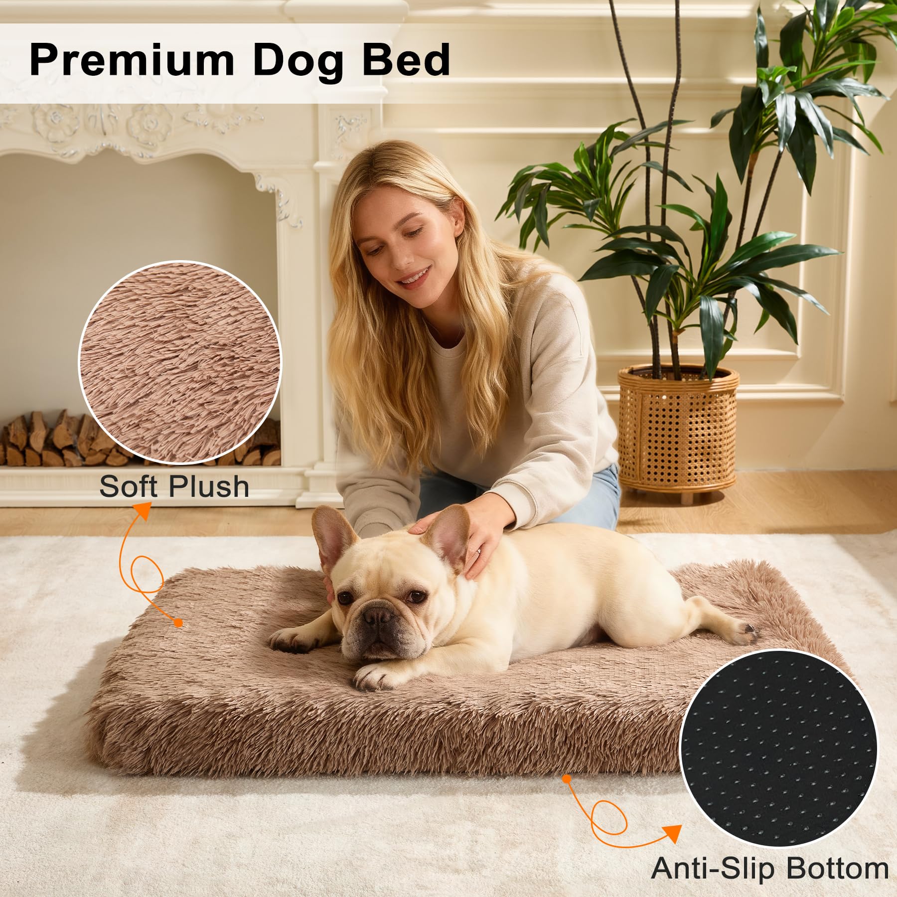 Fluffy Orthopedic Dog Beds for Large Dogs with Washable Removable Cover Dog Crate Bed Egg Crate Foam Support Plush Pet Pad Mat with Anti-Slip Bottom (42 * 28,Khaki)