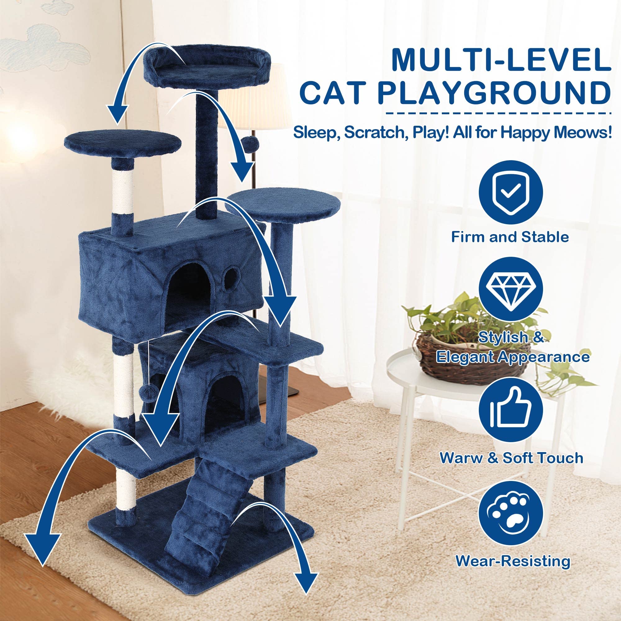 Heavy Duty Cat Tree Tower, 54" Tall Cat Tower for Indoor Cats with Cat Scratching Post with Bed, Cat Condo, Hanging Ball, Multi-Level Cat Climbing Tower Cat Trees Furniture Activity Center, Navy Blue