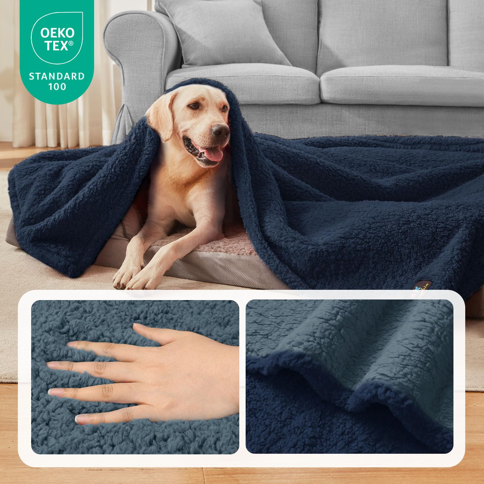 Luciphia Waterproof Pet Blanket for Medium Large Dogs Soft Cat Sherpa Calming Thick Cover Leakproof Cozy Puppy Sofa Bed Car Couch Protector(Blue/Navy,63x50 inches)