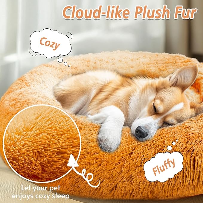 JOLLYVOGUE Calming Dog Bed Large Size Dog, Anti-Anxiety Donut Large Pet Bed, 36 inches Fluffy Faux Fur Round Cat Bed, Fits up to 75 lbs Pets (Orange)