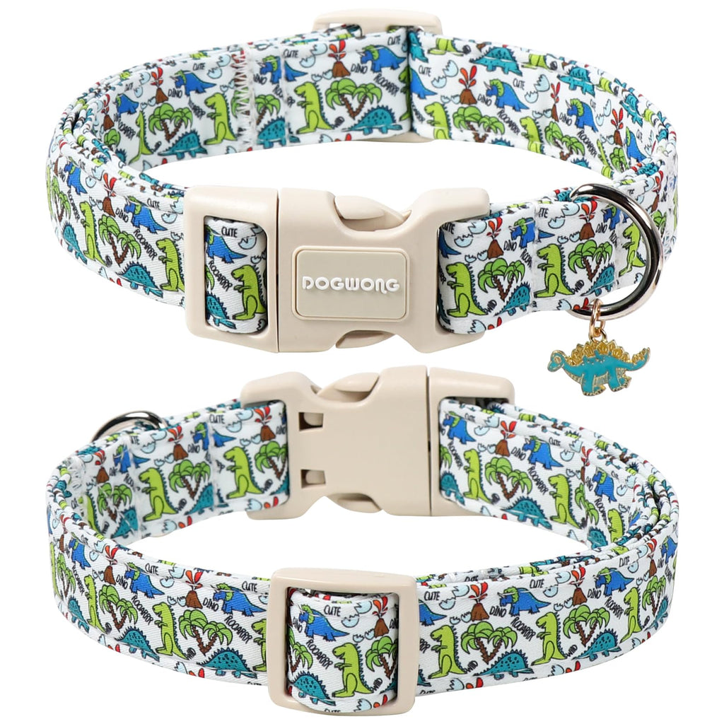 DOGWONG Dinosaur Dog Collar-Cute Green Dinosaur Dog Collar for Small Dogs, Adjustable Comfortable Cotton Boy Dog Collars for Small Medium Large Dogs,M