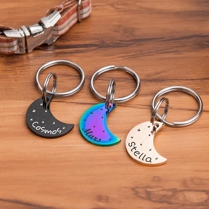 Anavia Small Size Dog Cat ID Tags, Small/XS Personalized Color Plated Stainless Steel Puppy Kitten Name Tags, Customized Engraved Nameplate Pet Collar Tag (Rainbow, Moon)