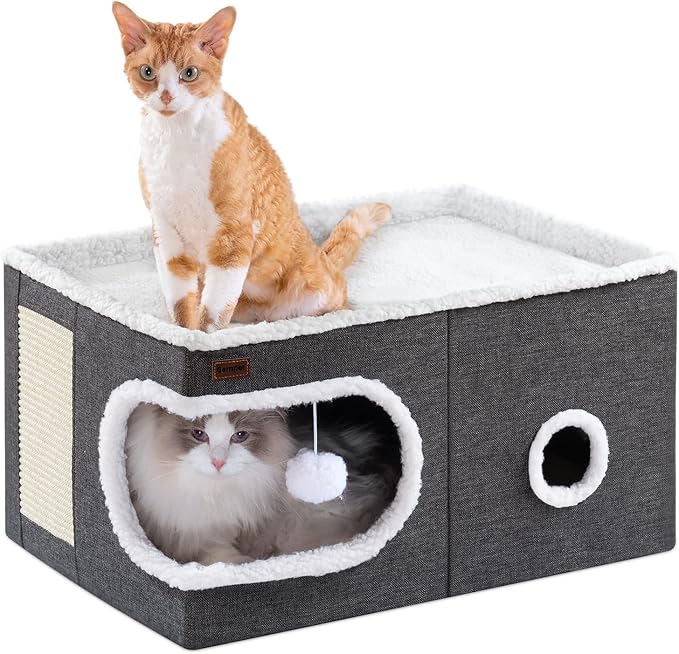 Garnpet Cat Bed for Indoor Cats Cube House, Covered Cat Cave Beds & Furniture with Scratch Pad and Hideaway Tent, Cute Modern Cat Condo for Multi Small Pet Large Kitten Kitty, Large, Dark Grey
