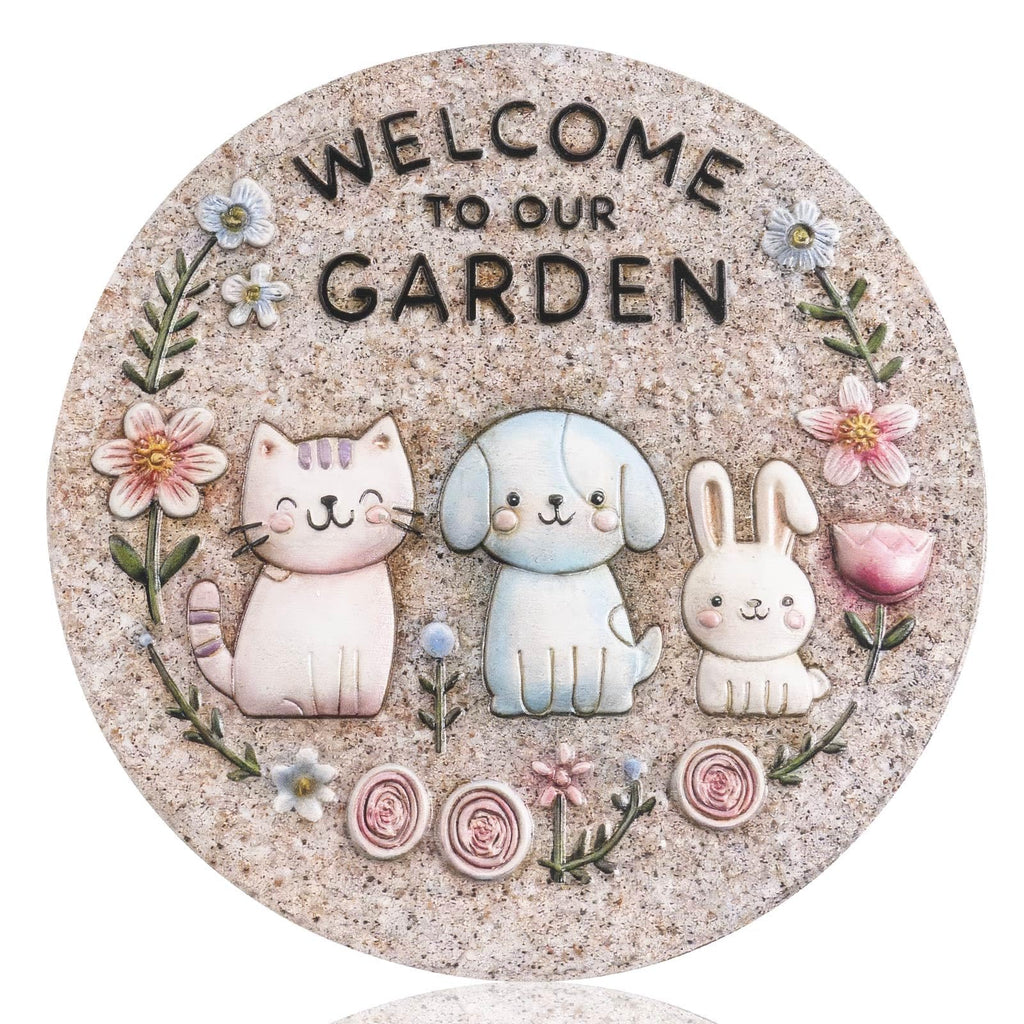 Bechivie Garden Stepping Stones Outdoor, 9.8" Resin Pet Cat Dog Bunny Stepping Stone for Walkway Gardening Gifts, Spring Decorative Round Welcome to Our Garden Home Decor for Outside Yard Patio Lawn