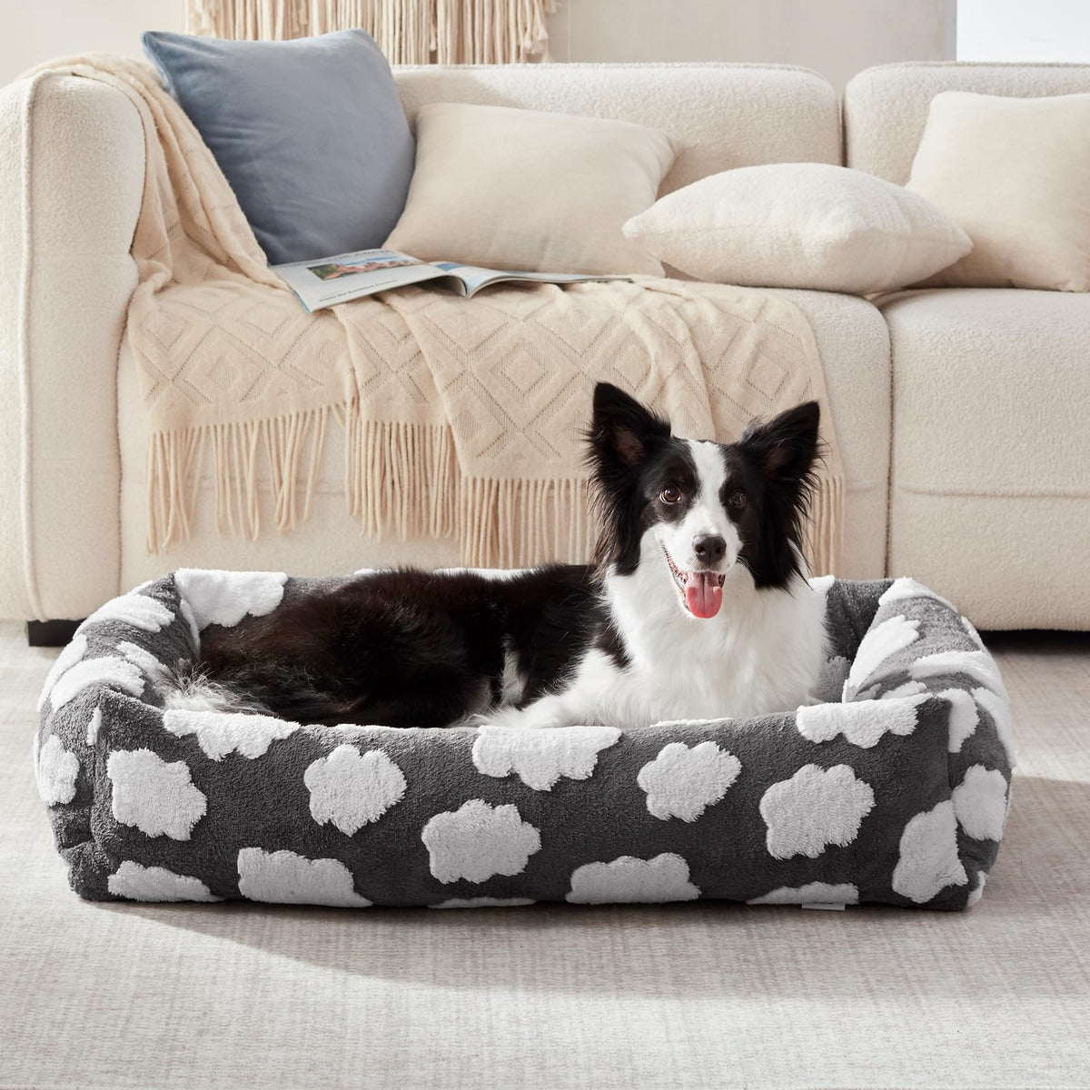 JOEJOY XL Dog Beds Large Sized Dog, Removable Washable Cover Orthopedic Soft Faux Rabbit Fur Pet Bed, Anti-Slip Fluffy Plush Faux Rabbit Fur Puppy Bed, 42"x36"x9", Leopard Print, Grey