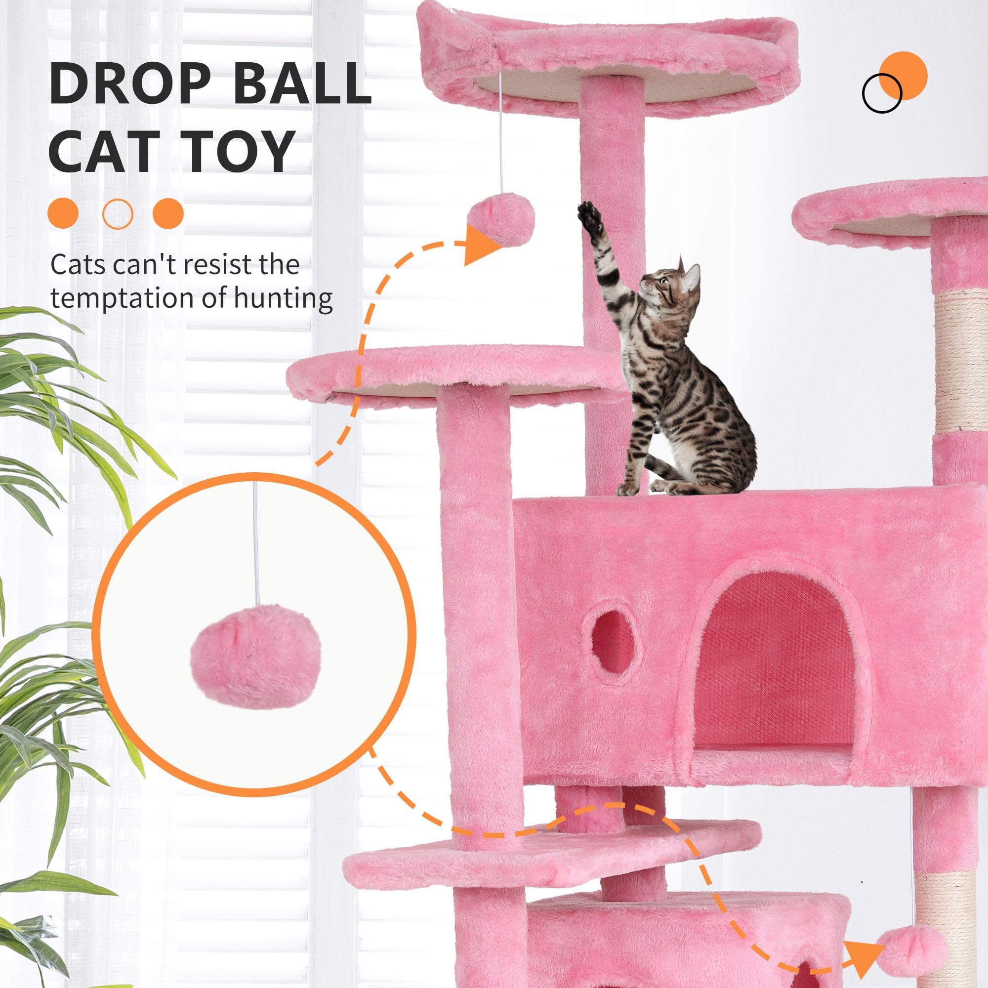 GINMAON 70 Inch Pink Cat Tree, Tall Cat Tower with 2 Condos, 3 Scratching Posts, Multi-Level Platforms - Sturdy Climbing Structure Tall Cat Tower for Indoor Cats