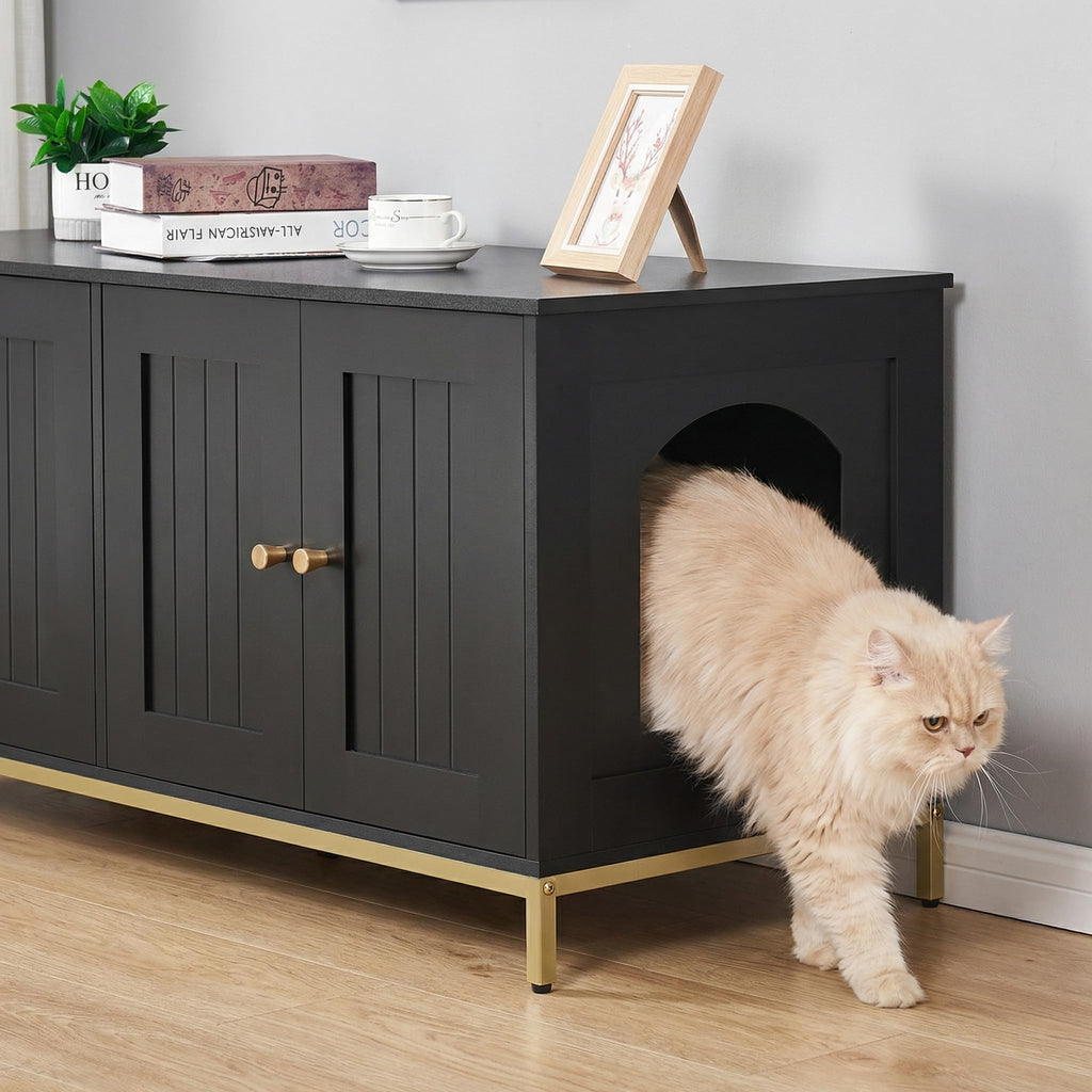 Homhedy 47.2" L Cat Litter Box Enclosure for 2 Cats, Black and Gold