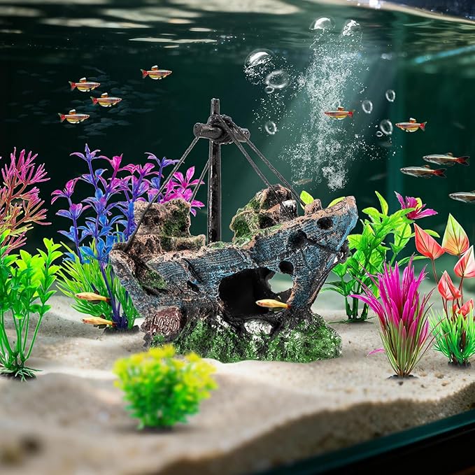 Xereooe 8Pcs Fish Tank Decorations Set Sunken Ship Decoration,Resin Material Fish Tank Accessories Accessories for Natural Look, Aquarium Shipwreck x 1pc, Aquatic Plants x 7pcs