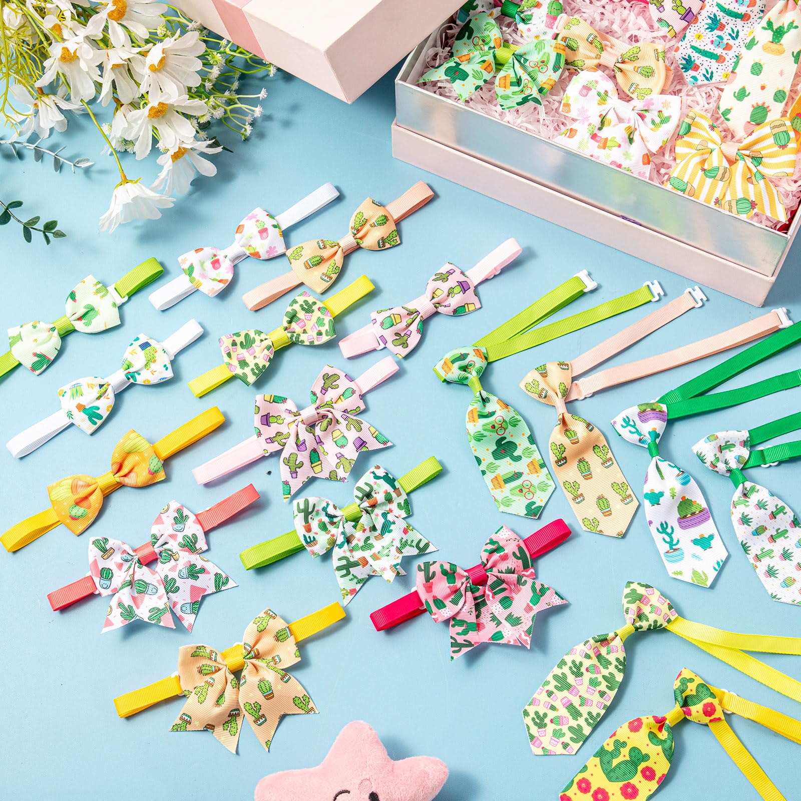 Reginary 100 Pieces Dog Bow Tie Collar Set Include 40 Dog Neckties, and 30 Puppy Bowties, 30 Collar Flowers, Adjustable Pet Ties Grooming for Small Medium Cats Pets Supply(Cactus)