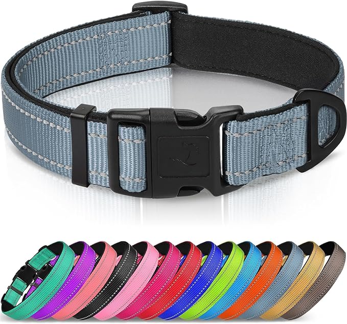 Joytale Reflective Dog Collar, Soft Neoprene Padded, Metal D-Ring, Nylon Pet Collar Adjustable for Large Dogs, Gray, L