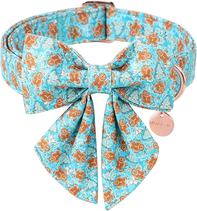 UP URARA PUP Christmas Dog Collar with Bow Tie,Adjustable Gingerbread Pet Collar,Chriatmas Puppy Bowtie Collar for Small Medium Large Dogs,S,Neck 10-16in