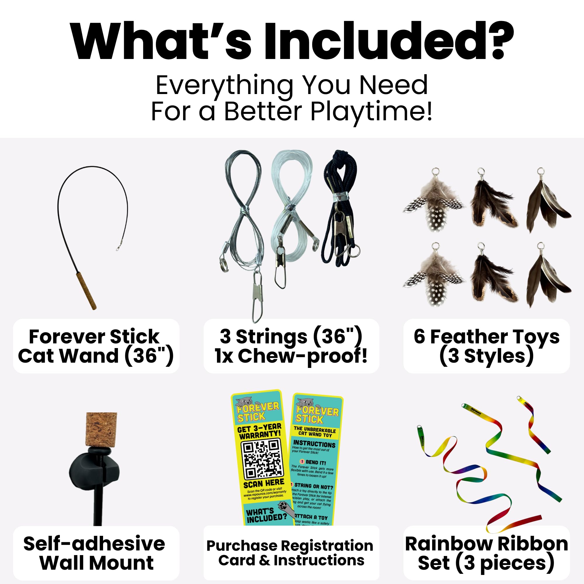 Forever Stick with Cat Toys and Strings Bundle - The Unbreakable Cat Wand Toy, Durable Cat Toy Wand, Extra Long Cat String Toy, Cat Fishing Pole Toy for Bored Indoor Adult Cats, Cat Stick Toy
