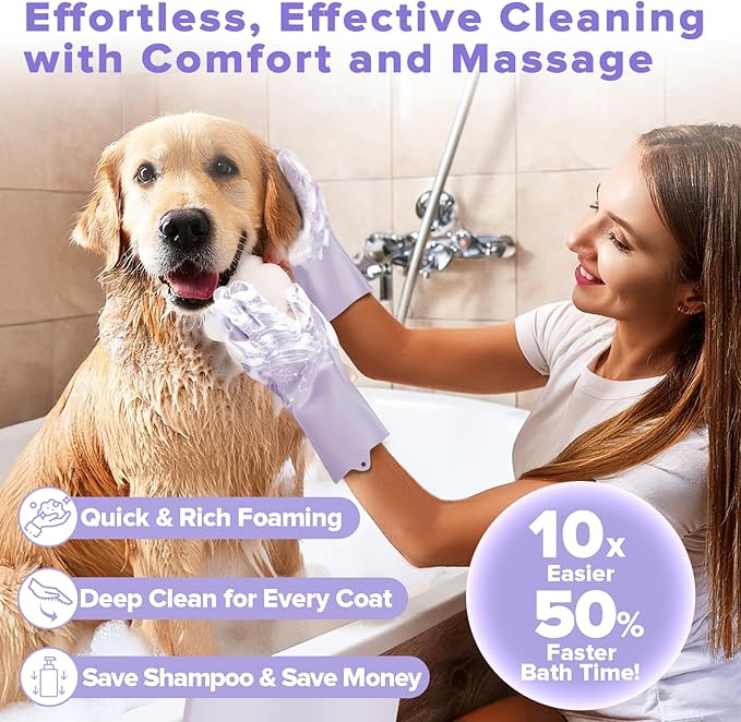 Augwind 6PCS Pet Grooming Kit for Dogs, Cats and Horses | Dog Washing Gloves | Cleanroom Gloves | Dog Bath Brush | Dog Bath Gloves | Dog Shampoo Brush | Dog Bath Supplies (Purple)